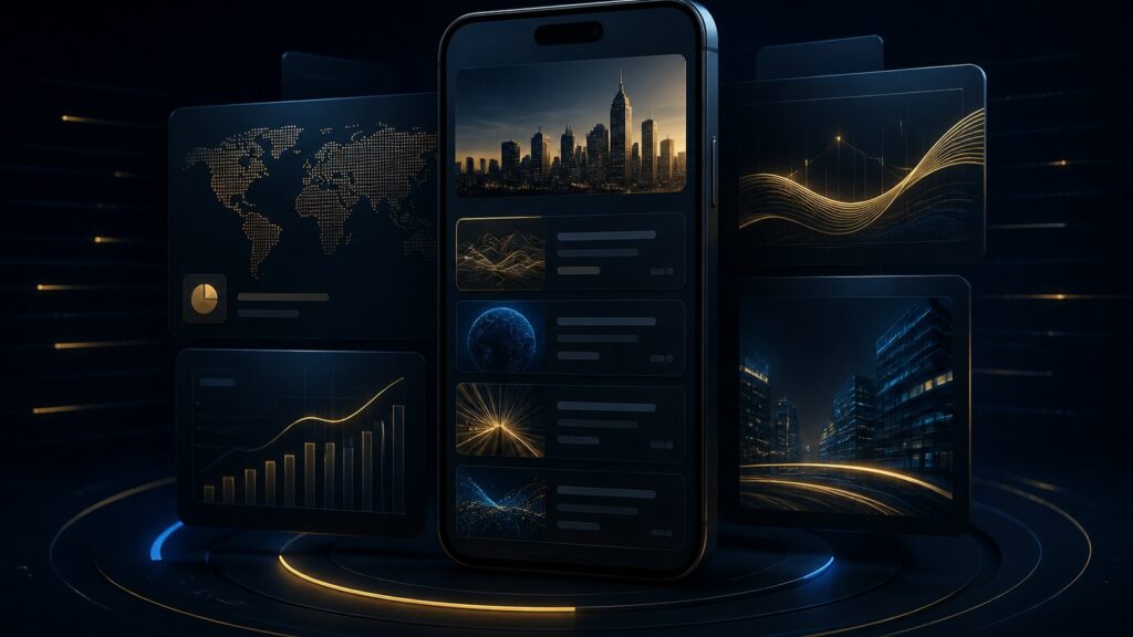 PrimeX mobile platform news center illustrated on a navy and gold digital workspace