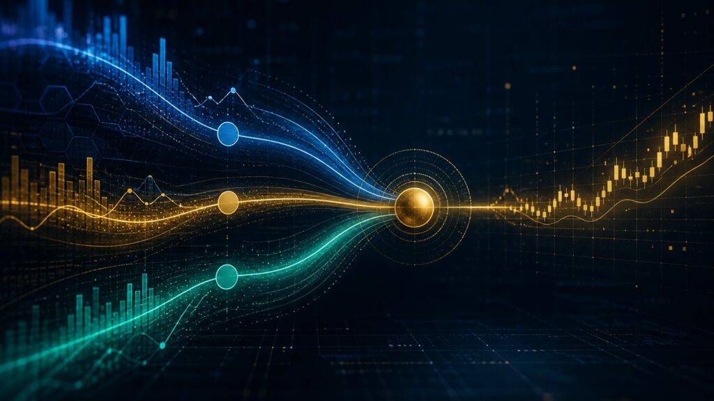 Multiple market intelligence streams converging into a structured PrimeX signal decision